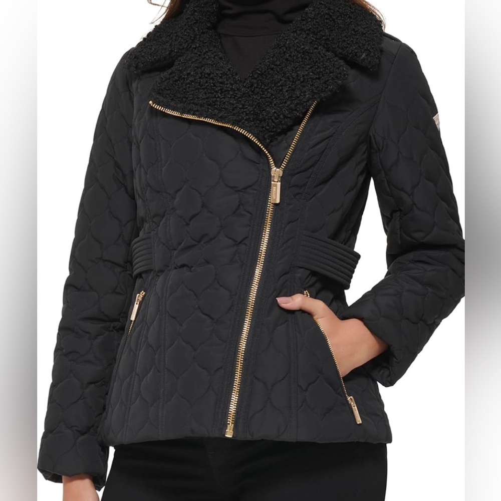 GUESS Black Quilted Puffer Jacket with Gold Accents